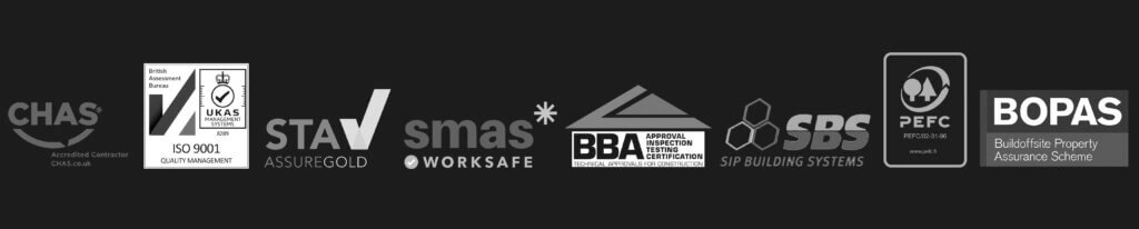 Logos for SIP Build UK’s key accreditations: CHAS, ISO 9001, STA Assure Gold, SMAS, BBA, PEFC and BOPAS – demonstrating proven quality, safety and sustainability standards.
