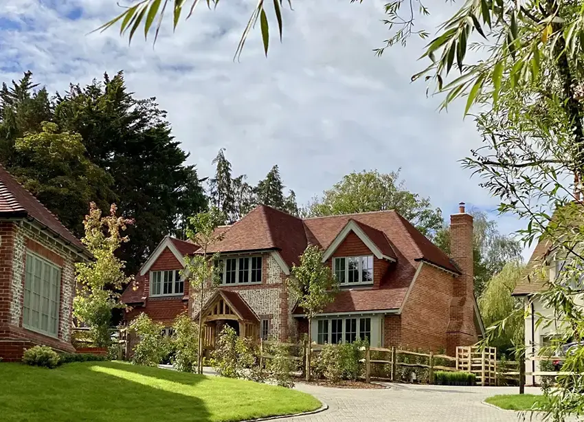 Front elevation of luxury SIP-built home in Chiddingfold, Surrey.