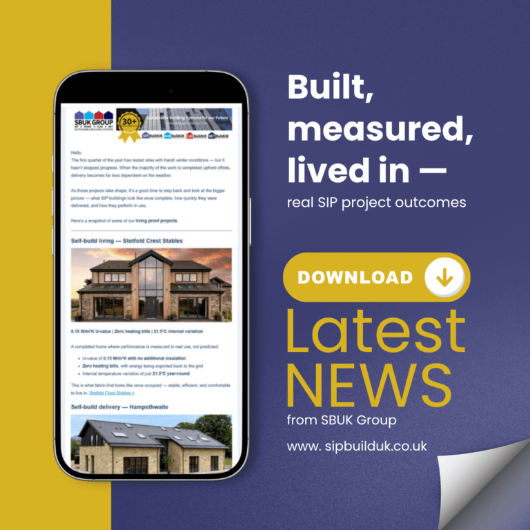 SIP Build UK newsletter showing real SIP project outcomes including build time, U-values and in-use performance
