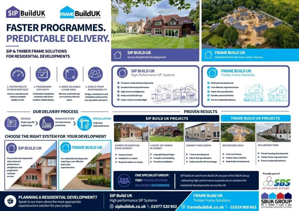 Planning a Residential Development overview showing SIP and timber frame superstructure solutions for bespoke and luxury residential developments, including faster programmes, predictable delivery and recent project examples.