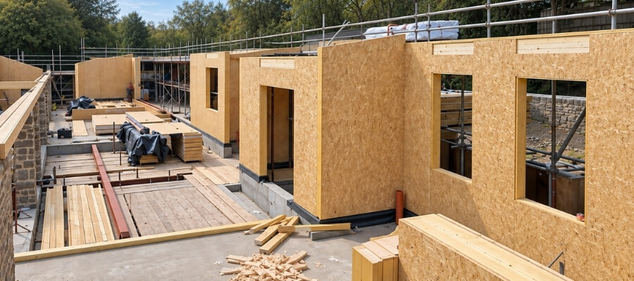 SIP wall system under construction at Beamish Passive House, showing structural insulated panels forming the building envelope.